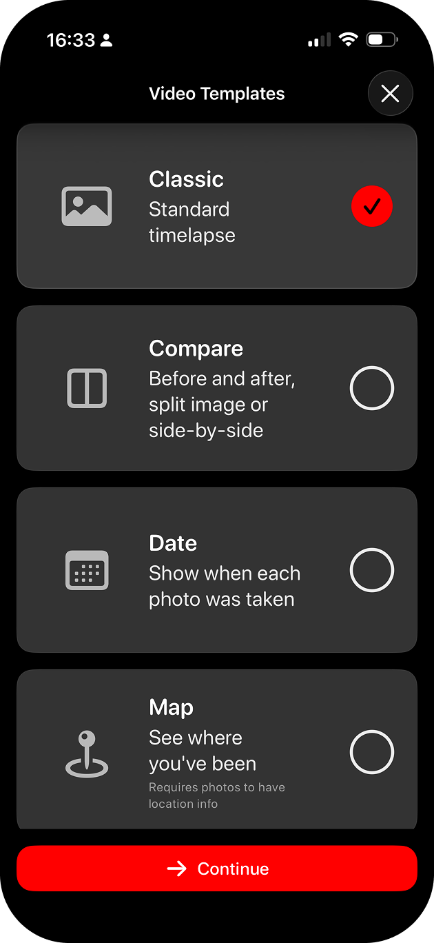 DayReel video templates selection screen