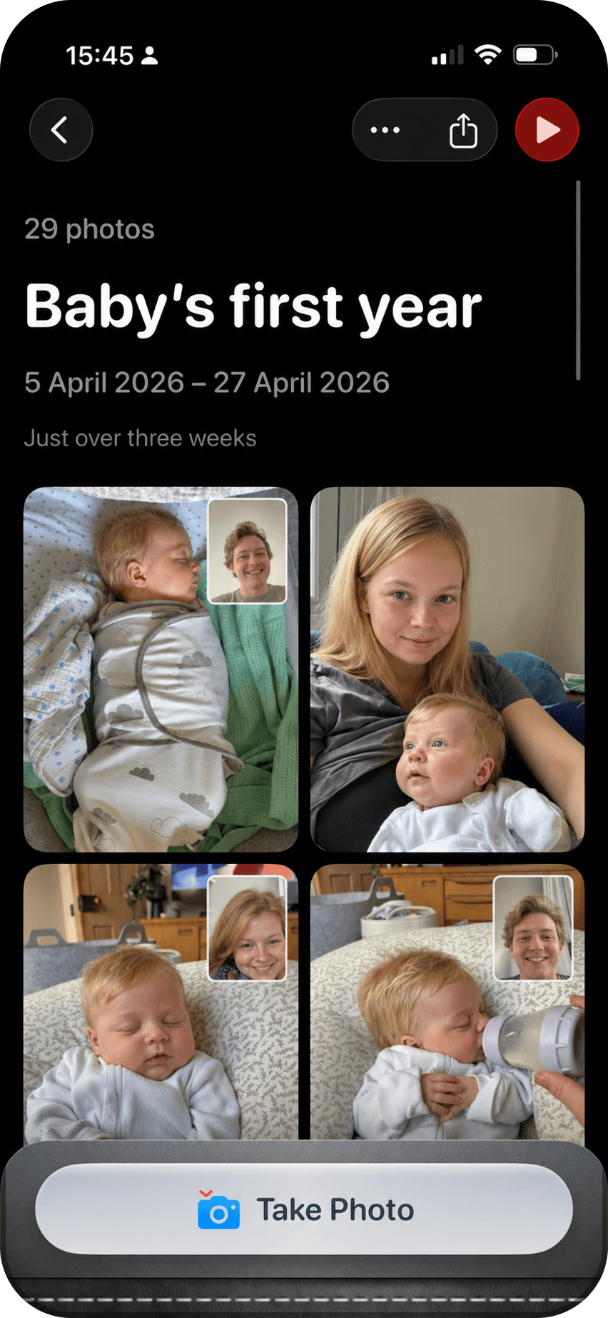 DayReel shared baby album with daily photos on an iPhone